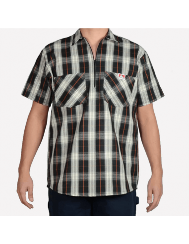 1/2 Zipper Short Sleeve Plaid - Black & Cream shop