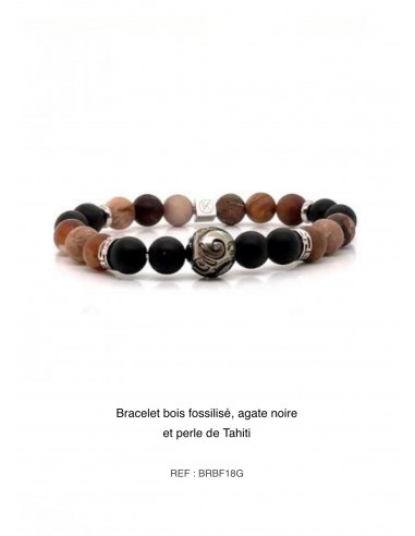 Bracelet agate noire, bois fossilisé et perle de Tahiti 8mm BRBF18G En savoir plus