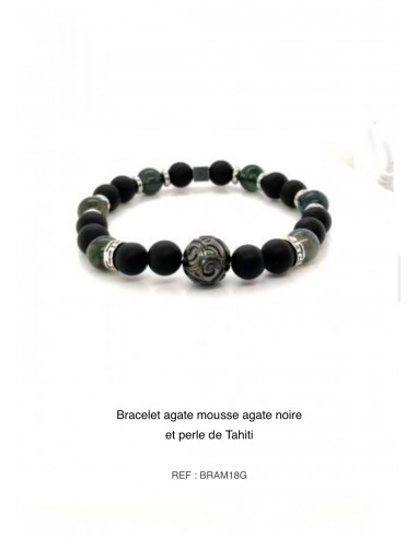 Bracelet agate mousse, agate noire et perle de Tahiti BRAM18G Faites des économies